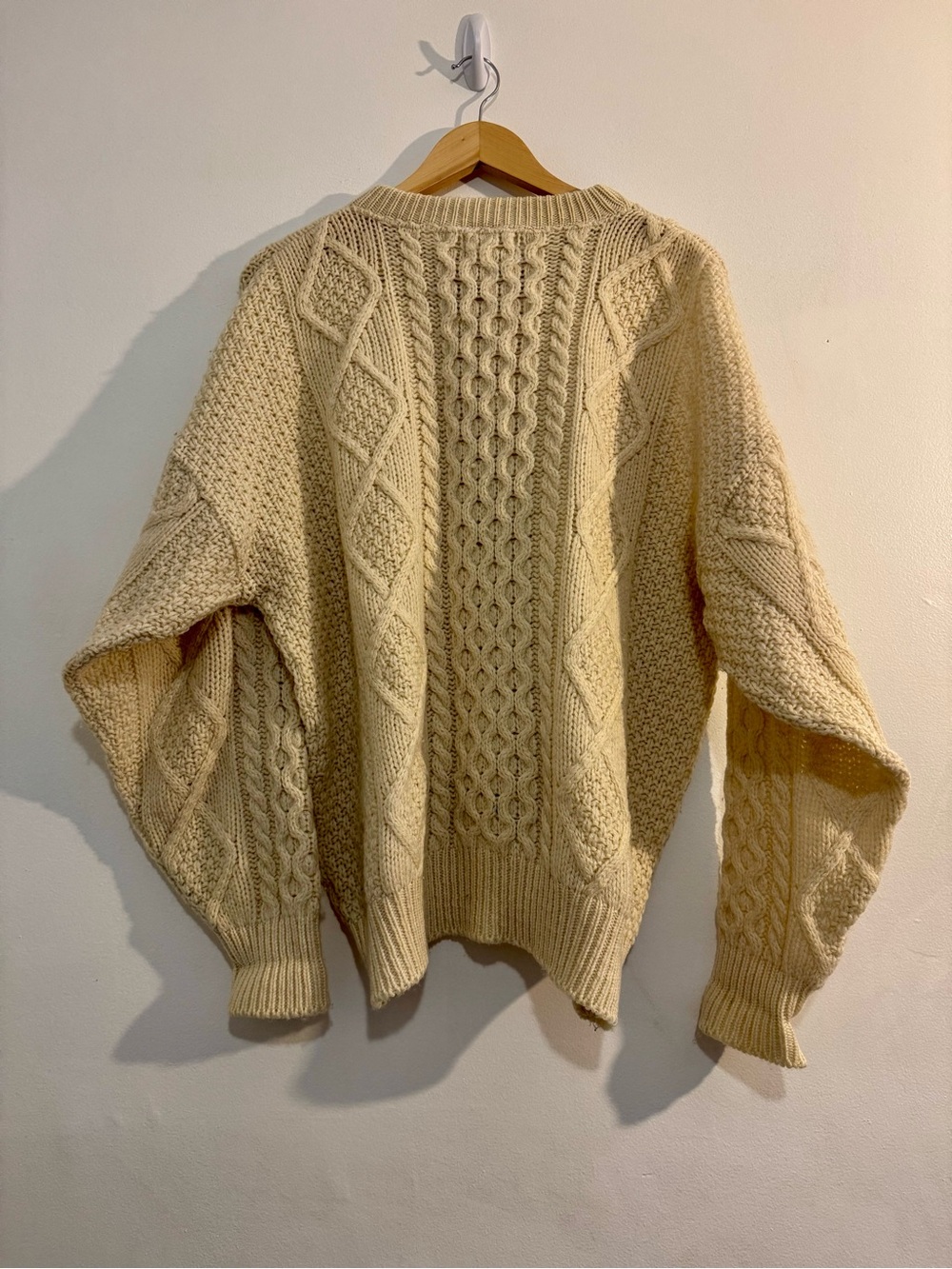 Vintage L.L. Bean Fisherman Cream 100% Wool Chunky Knit Sweater Oversized XL - Picture 2 of 7